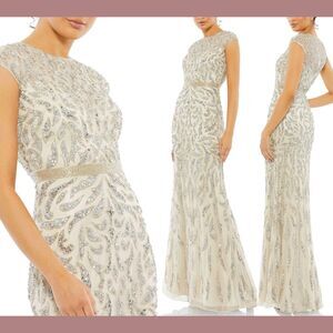 NWT Mac Duggal [ 14 ] 5532 Embellished Illusion Cap Sleeve Column Gown Nude Silv
